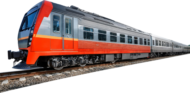 Modern Passenger Train Red and Silver Railcar on Tracks Railway Transportation