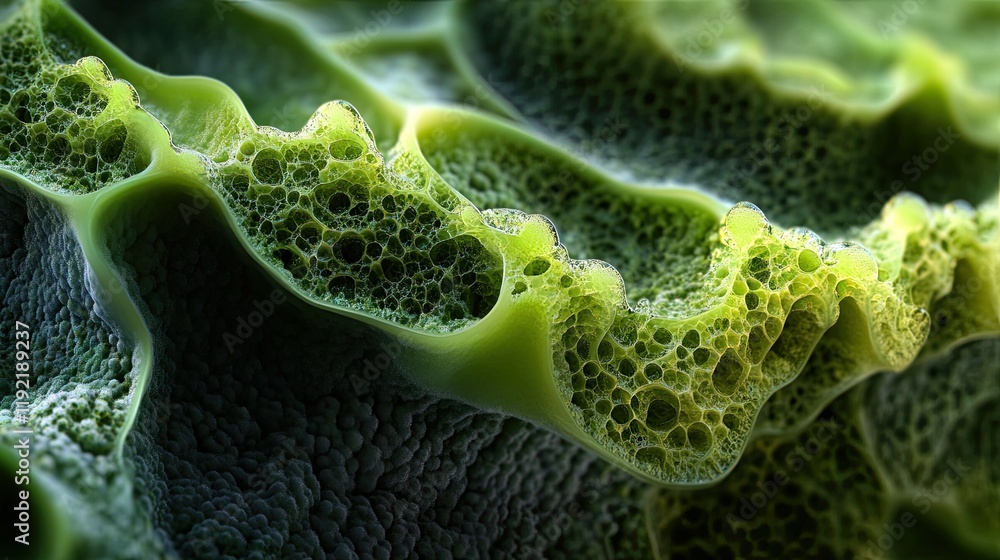 Poster close-up of intricate green leaf surface displaying detailed texture with bubbles and wavy edges hig
