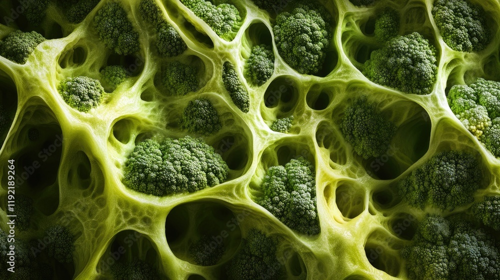 Poster intricate close-up of fresh broccoli with textured green flora patterns capturing the beauty and com
