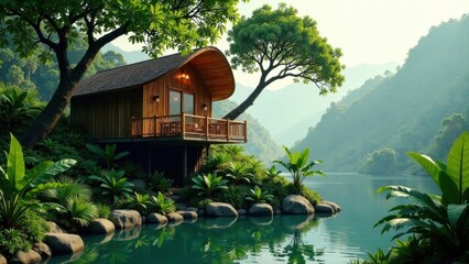 Naklejka premium Secluded Tropical Getaway A Luxurious Wooden Cabin Nestled Amongst Lush Greenery Overlooking a Serene Lake in a Mountain Valley