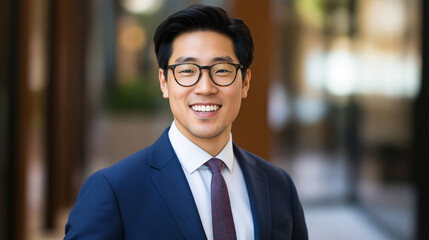 Fototapeta premium Cheerful Asian businessman in blue suit outdoors