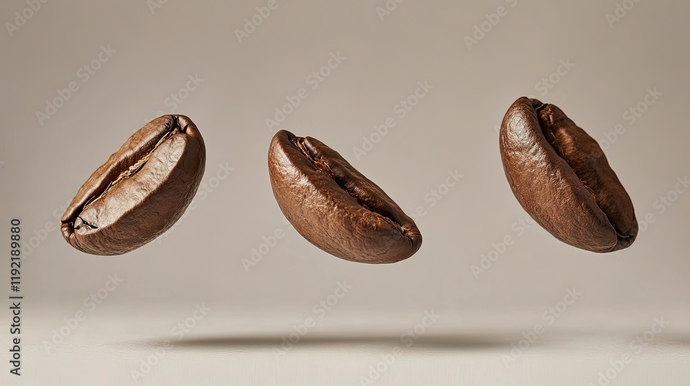 Poster floating coffee beans in an artistic composition against a soft background emphasizing the rich colo