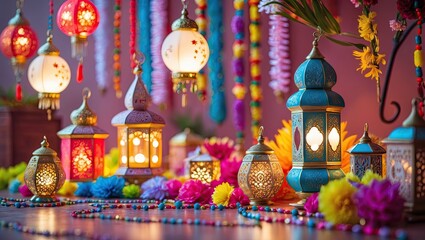 Ornate lanterns, colorful streamers, and delicate crescent moon and star Eid motifs 