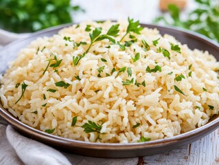 A plate of rice pilaf with herbs and spices. Featuring vibrant colors and aromatic presentation. Highlighting culinary diversity and flavorful cuisine. Ideal for recipe blogs and culinary magazines.