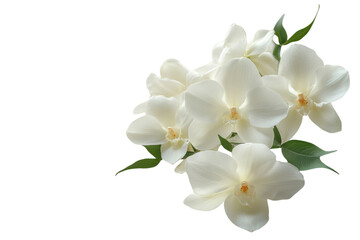 Naklejka premium Beautiful white orchids arranged elegantly with green leaves in a minimalist style for floral decoration or gifting purposes