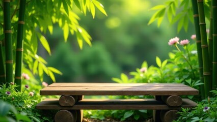 Naklejka premium Serene Wooden Bench Nestled Amongst Lush Bamboo and Blooming Flowers, a Peaceful Garden Sanctuary