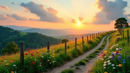 Naklejka premium Serene Sunset Vista A Picturesque Country Lane Winding Through Vibrant Wildflowers, Leading to a Golden Horizon Over Rolling Hills