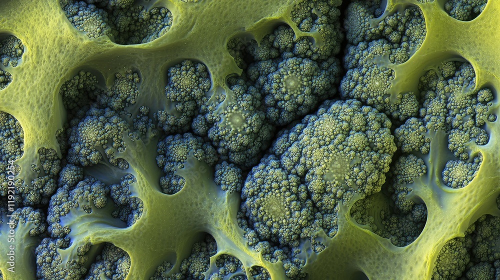 Poster detailed abstract image of organic structures with textured spheres and intricate hollow forms in vi