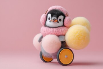 Adorable penguin chick in pink knitted hat and earmuffs, riding a tiny toy cart filled with pastel pom-poms on a pink background.