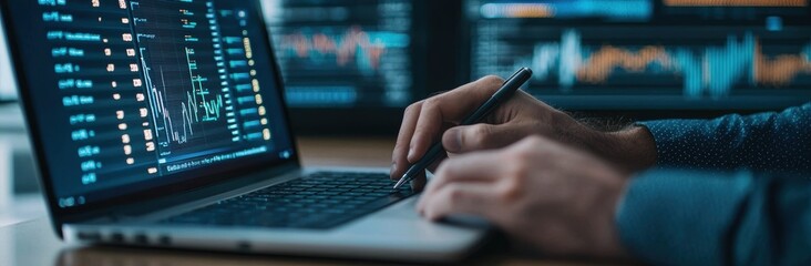 Fototapeta premium Hands Using Laptop with Financial Charts and Data Displayed
