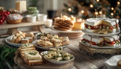 Naklejka premium Christmas Buffet: A Festive Spread of Delicious Appetizers and Treats