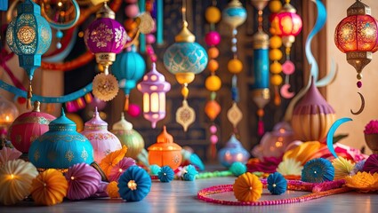 Fototapeta premium Ornate lanterns, colorful streamers, and delicate crescent moon and star Eid motifs 