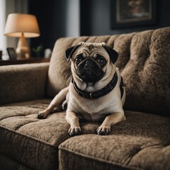 A tiny pug sitting on a couch with a mischievous grin.