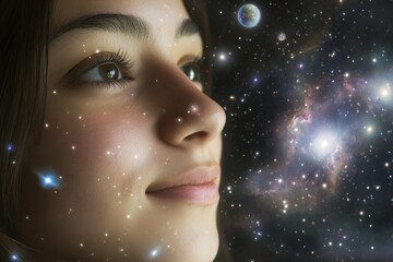 A serene female face merging with a cosmic galaxy, symbolizing unity of mind and universe
