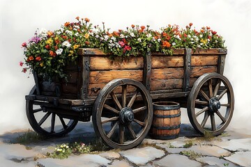 Charming Wooden Cart Decorated with Vibrant Flowers