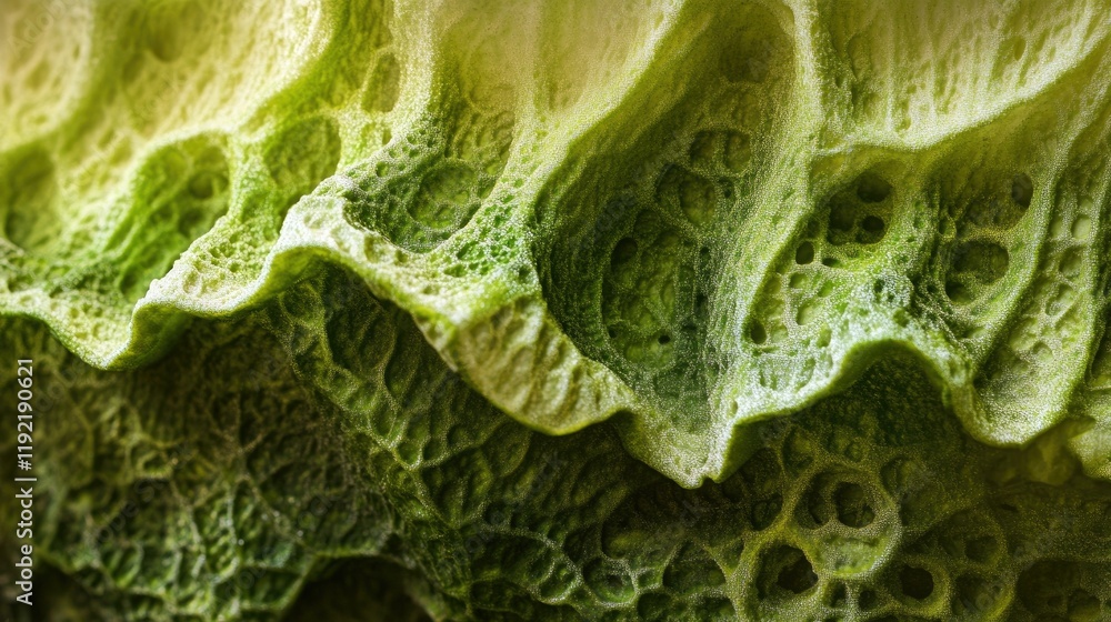 Poster close-up view of textured green cabbage leaves showing intricate patterns and layers, capturing the 