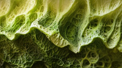 Close-Up View of Textured Green Cabbage Leaves Showing Intricate Patterns and Layers, Capturing the Natural Beauty of Fresh Vegetables and Their Structure