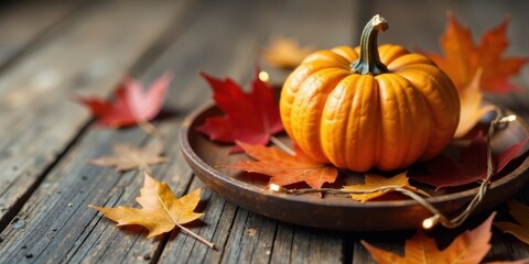 Autumnal Still Life A Small Pumpkin Nestled Among Vibrant Fall Leaves on Rustic Wooden Surface with Subtle String Lights