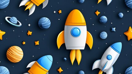 Naklejka premium cute rocket and space seamless concept. Colorful rockets in space surrounded by planets and stars in a whimsical design.