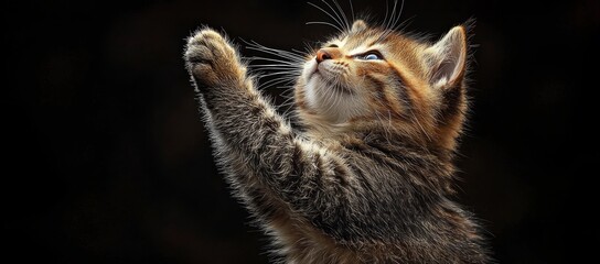 Cute kitten begging, dark background, playful paws