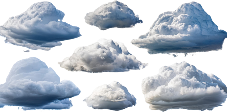 Collection of dramatic cumulus clouds isolated transparent background for design elements