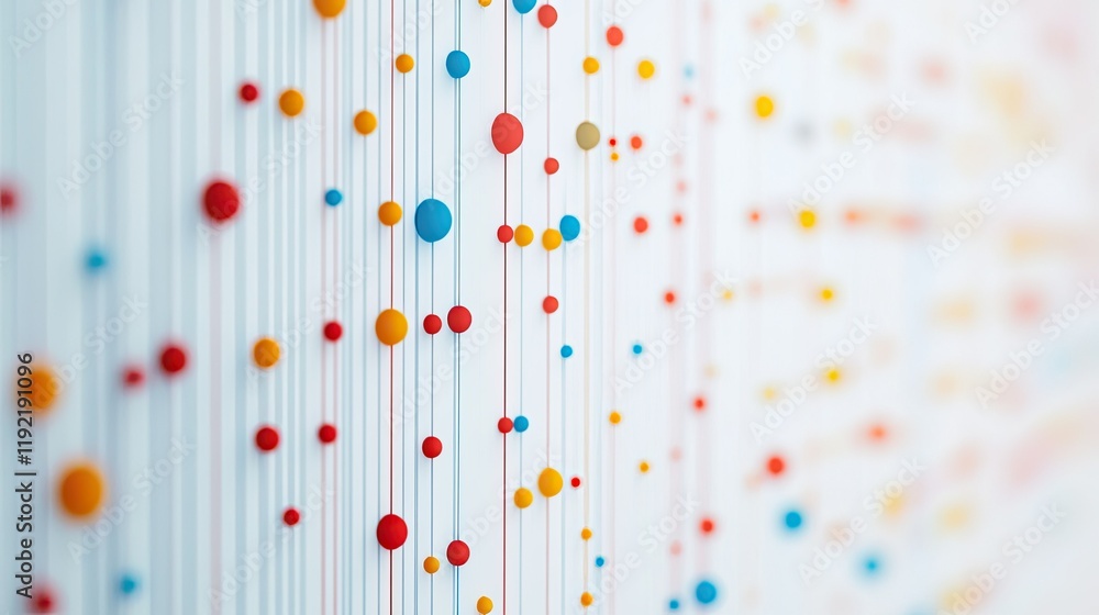 Poster abstract colorful dots on strings displayed against a white background, creating a striking visual p
