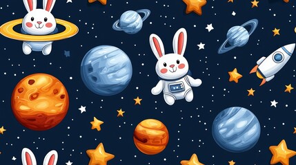 cute rocket and space seamless concept. Colorful space scene featuring cute bunnies, planets, and stars in a whimsical design.