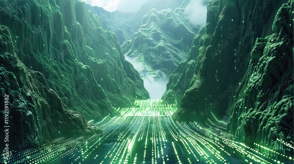Poster digital shiny data green center in mountain, tech.