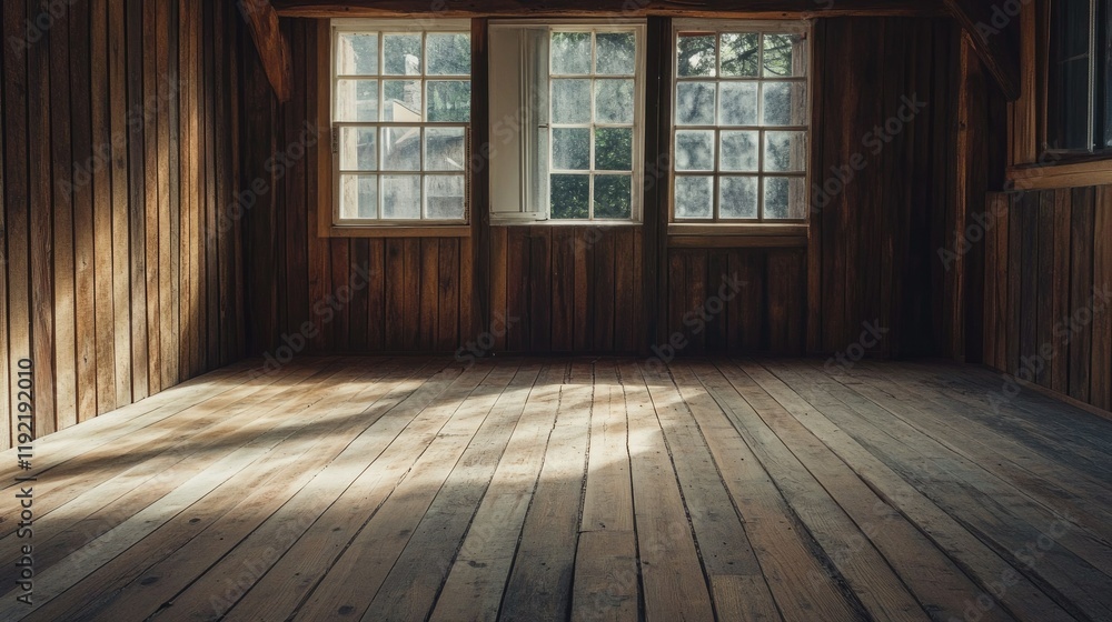 Poster cozy rustic interior of an empty room with wooden walls and sunlight streaming through the windows c