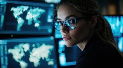 Focused Woman Analyzing Data on Multiple Computer Screens at Night