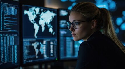 Professional Woman Analyzing Data on Multiple Computer Screens
