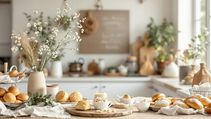 Cozy Kitchen Table Setting with Baked Goods and Flowers in a Vase, Featuring Pastries, Bread, and Rolls