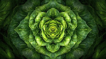 Obraz premium Stunning close-up of vibrant green leaves arranged in a mesmerizing symmetrical pattern, showcasing the intricate textures and details of natural foliage in a captivating design