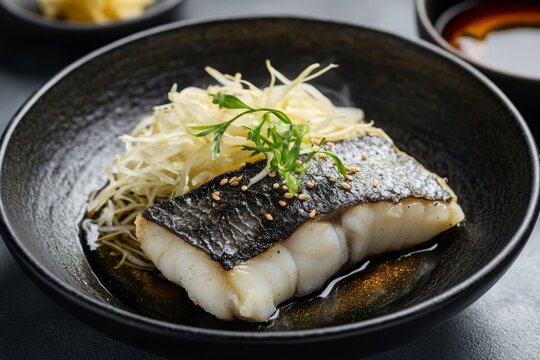 Elegant black polenta fish served with bean sprouts and hot oil at hoko no wa bar   restaurant