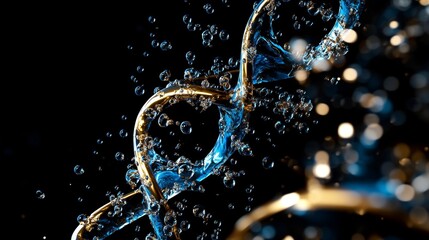 Stunning blue and gold double helix dna structure with water droplets on a dark background