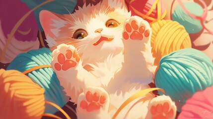 Playful Kitten Enjoys Colorful Yarn Balls in Adorable Sunlight