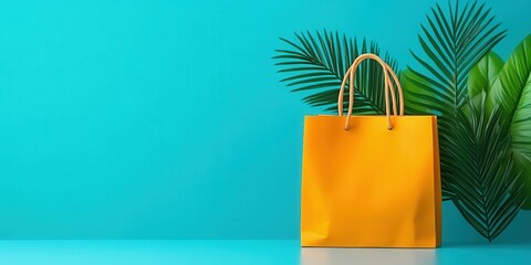 Bright Yellow Shopping Bag Against Tropical Green Background