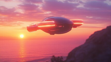 A futuristic drone hovering calmly as the sun dips below the horizon, bathing the scene in golden and purple light.