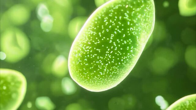 Zooming out Green Microscopic Organisms Floating in Liquid