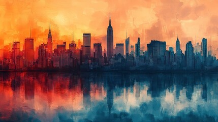 Fototapeta premium Vibrant city skyline at sunset with reflections.