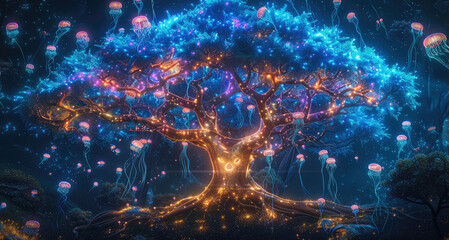 Fototapeta premium A magical of a massive glowing sacred tree with shimmering bioluminescent branches in vibrant, surrounded by ethereal floating jellyfish-like creatures radiating soft neon light.