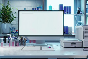 Doctor or Scientist Office Desk with Computer File Storage Test Tubes Clipboard and Printer
