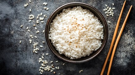 A bowl of cooked white rice with sesame seeds