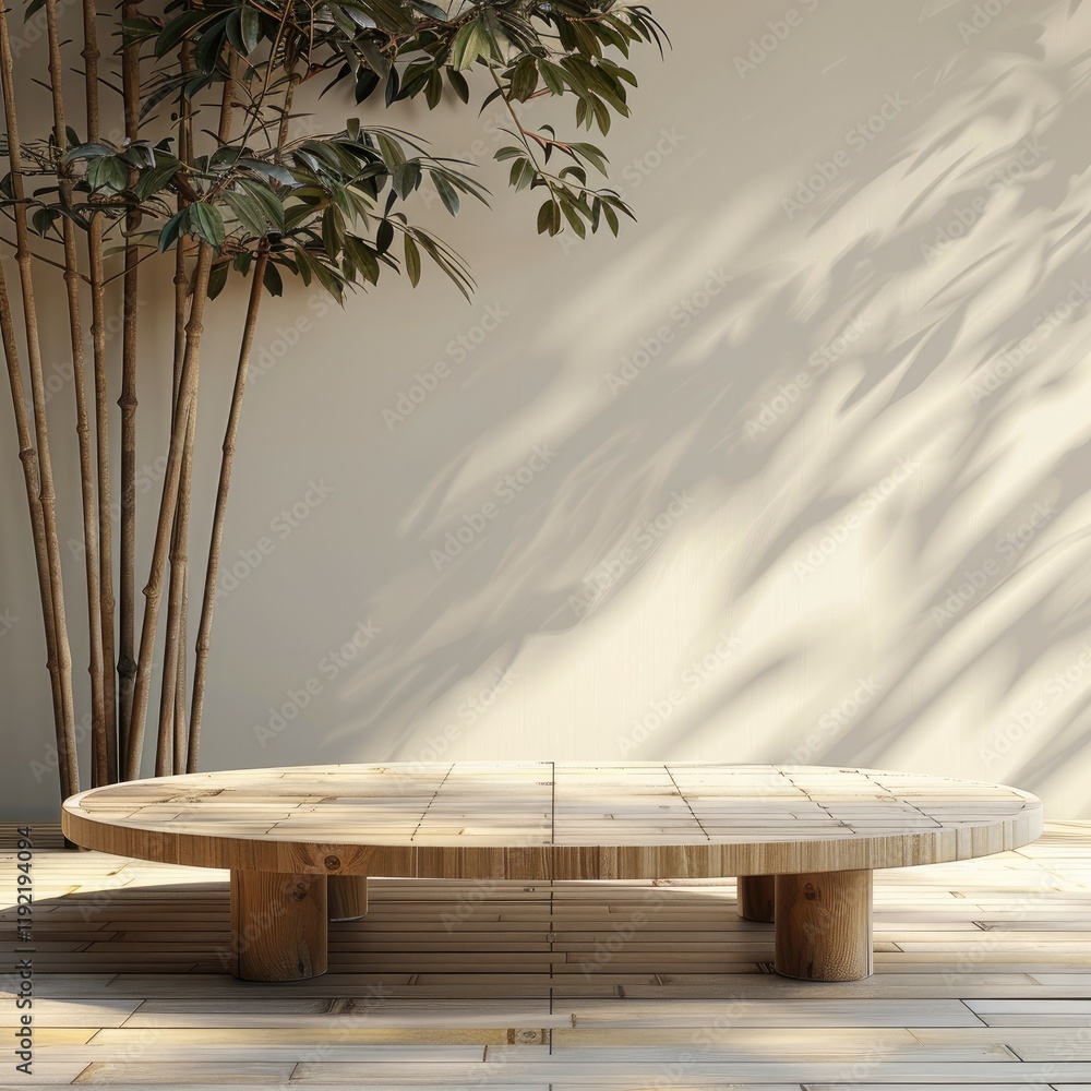 Aufkleber A bamboo podium for product display with an Asian background. The wooden table is empty and ready to be used as the main stage for product.