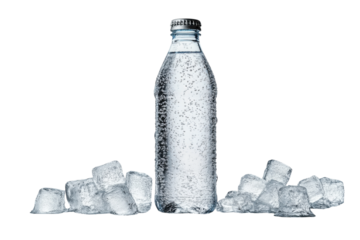 Clear sparkling water bottle with ice cubes on a white background in a refreshing setup ideal for summer
