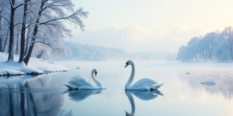 Naklejka premium Serene Winter Scene Two Elegant Swans Gracefully Glide Across a Calm, Misty Lake Surrounded by Snow-Covered Trees in a Peaceful, Tranquil Setting