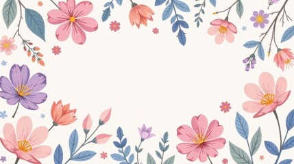 A Delicate Floral Frame for Springtime Designs and Announcements Featuring Pastel Blossoms and Greenery