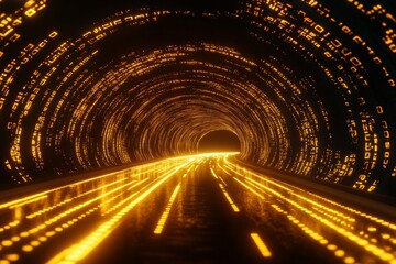 Illuminated digital tunnel of binary code representing fast data flow in ai networks and technology