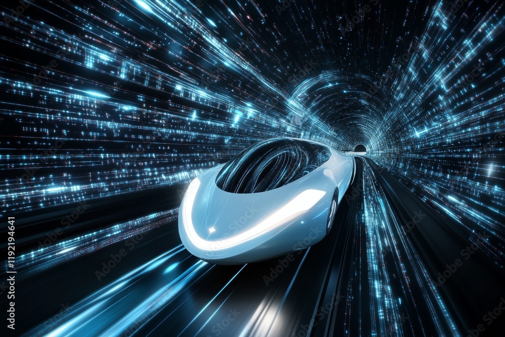 Poster futuristic tunnel of digital streams with glowing patterns and high speed train in dark atmosphere