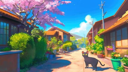 Black Cat Strolls Through a Sunny Japanese Village in Spring Bloom